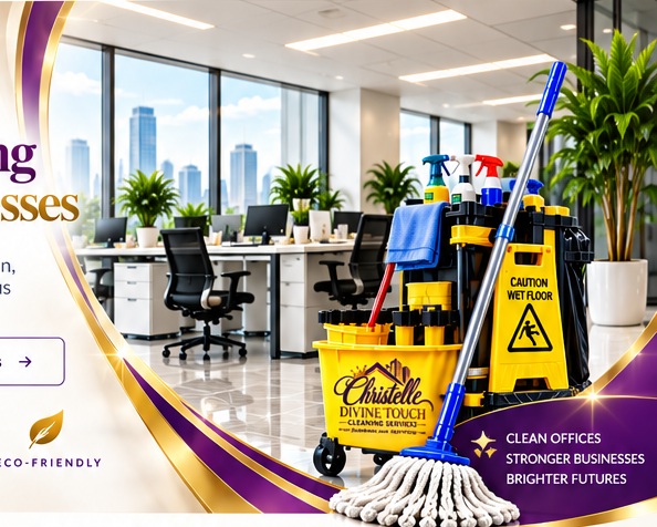Bright professional office with cleaning cart and equipment